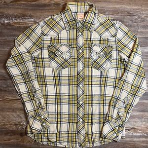 Men’s True Religion Pearl Snap Western Plaid Flannel Shirt Small Yellow Black